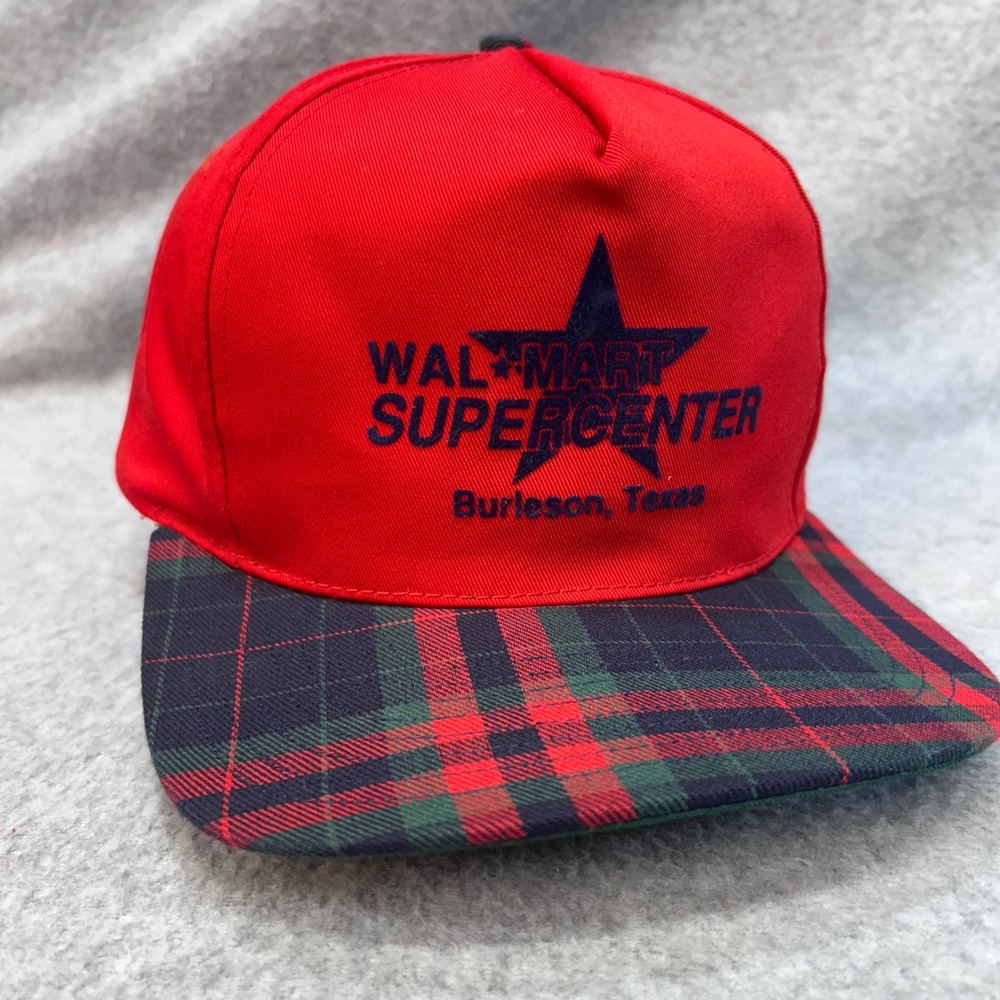 Walmart Supercenter Burleson Texas Mens Red Walmart Hat Plaid Snapback OSFA